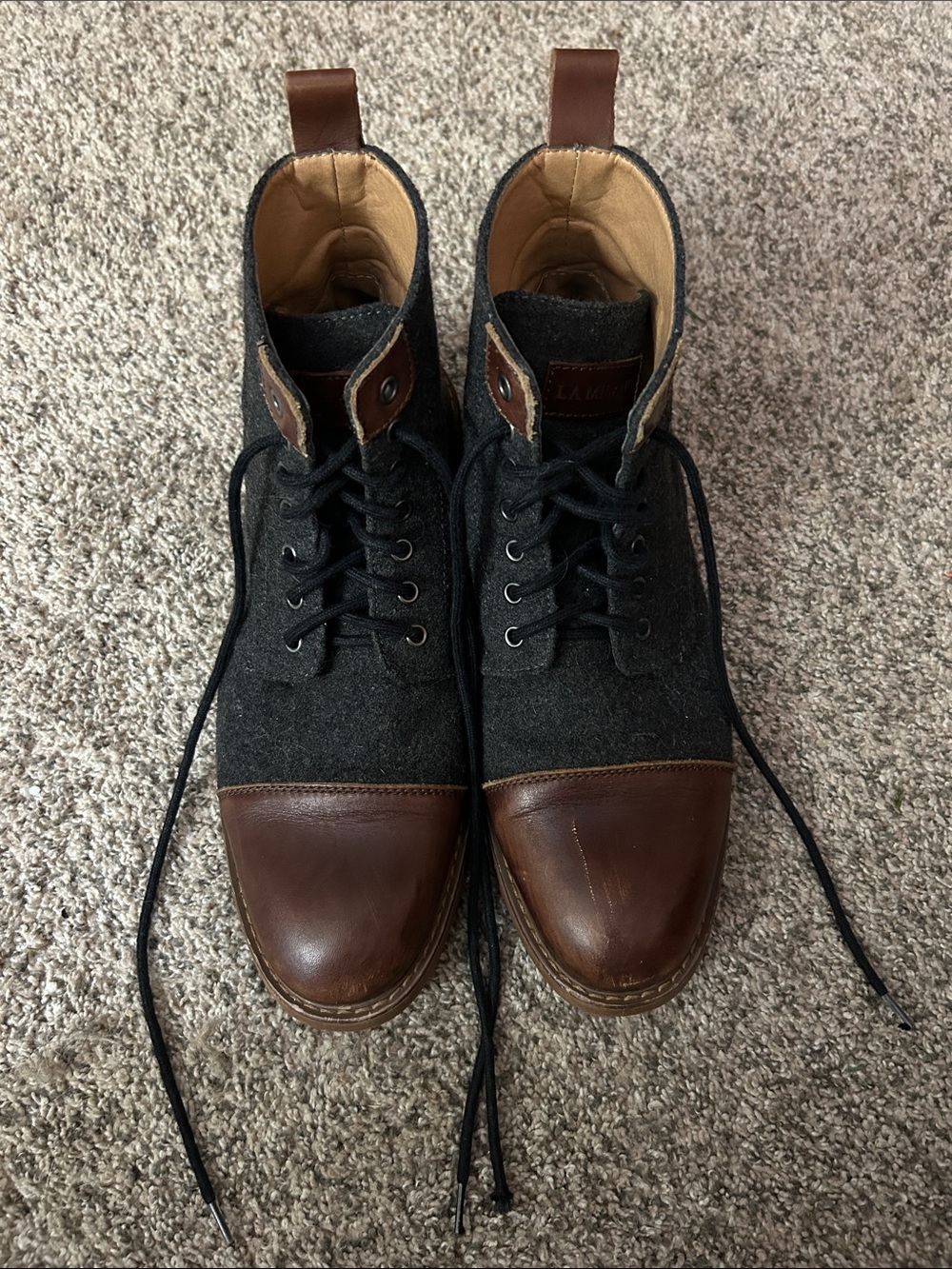La Milano Brown Leather & Charcoal Wool Chukka Boots, size 8